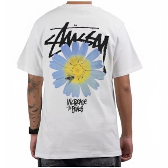 Stüssy Cream “Increase The Peace” Flower Short Sleeve Tee Size Medium EUC! - Picture 1 of 8